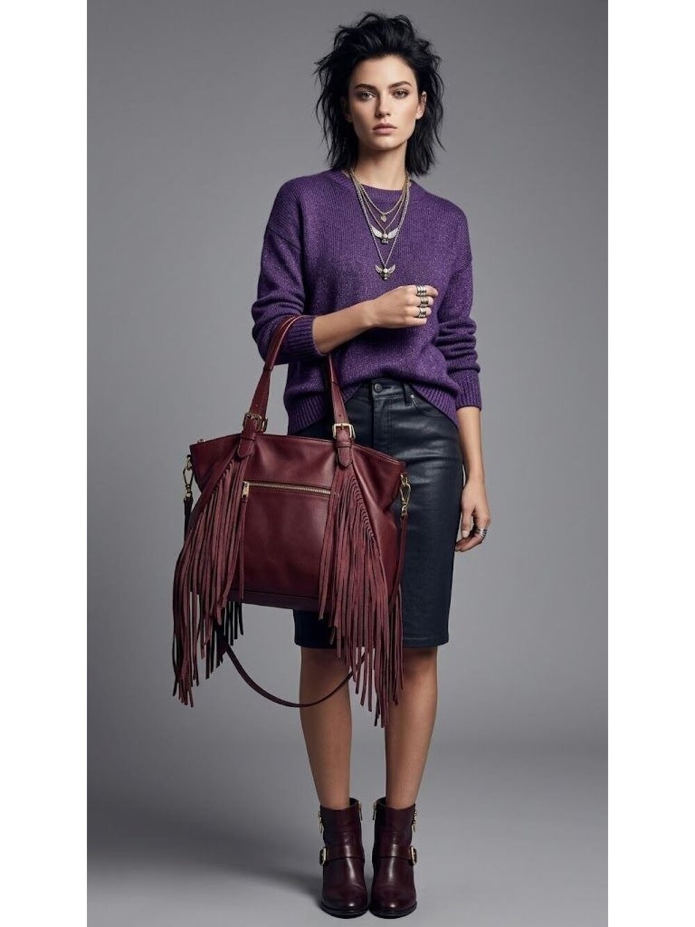 Pietro Italy Fringed NWT Burgundy Leather Tote Bag With Gold Boho Tote Crossbody